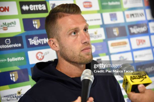 Simone Iacopini speaks during the press conference at the end of the pre-season friendly match between Parma Calcio and Settaurense on July 26, 2017...