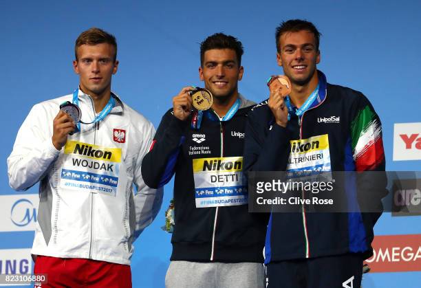 Silver medalist Wojciech Wojdak of Poland, gold medalist Gabriele Detti of Italy and bronze medalist Gregorio Paltrinieri of Italy pose with the...