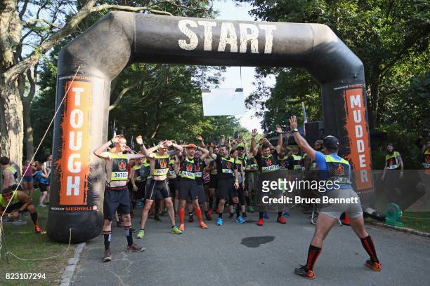 Participants prepare to take part in Tough Mudder Long Island at the Old Bethpage Village Restoration on July 22, 2017 in Old Bethpage, New York.