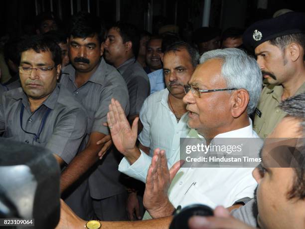 Bihar Chief Minister Nitish Kumar speaking to media after he submitted his resignation at Raj Bhawan on July 26, 2017 in Patna, India. Nitish Kumar...