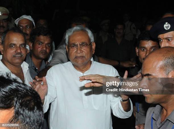 Bihar Chief Minister Nitish Kumar speaking to media after he submitted his resignation at Raj Bhawan on July 26, 2017 in Patna, India. Nitish Kumar...