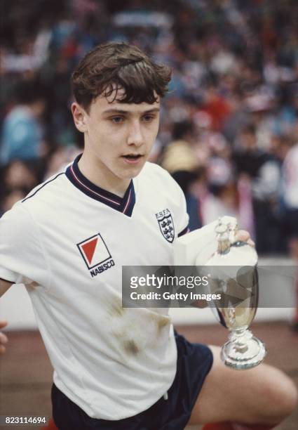 England player Lee Clark pictured with the trophy after a 2-0 win over Brazil at Wembley circa 1988 in London, England, Clark went on to play for...