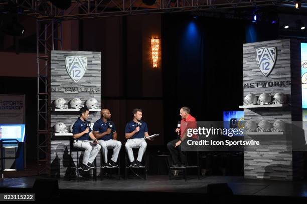 Rich Rodriguez, head coach of the Arizona Wildcats, speaks to the Pac-12 Network during the Pac-12 Football Media Day on July 26, 2017 at Hollywood &...