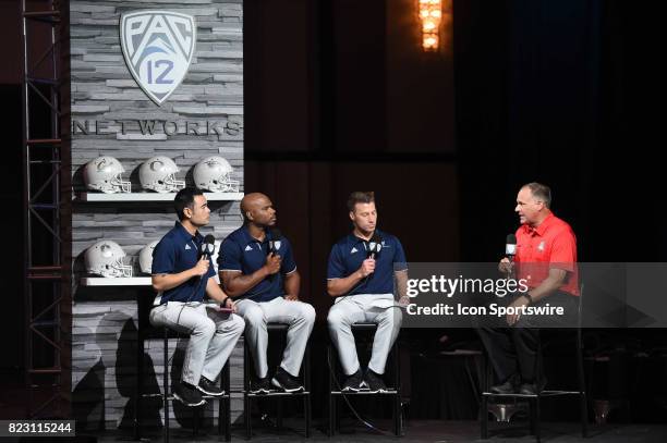 Rich Rodriguez, head coach of the Arizona Wildcats, speaks to the Pac-12 Network during the Pac-12 Football Media Day on July 26, 2017 at Hollywood &...