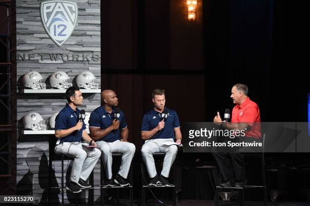 Rich Rodriguez, head coach of the Arizona Wildcats, speaks to the Pac-12 Network during the Pac-12 Football Media Day on July 26, 2017 at Hollywood &...