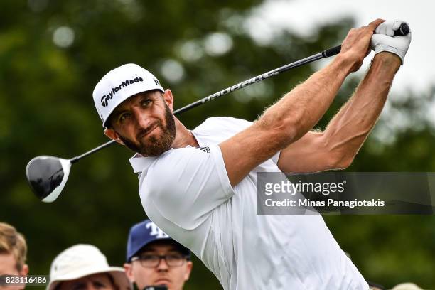 Dustin Johnson hits a tee shot on the seventeenth hole during the championship pro-am of the RBC Canadian Open at Glen Abbey Golf Course on July 26,...