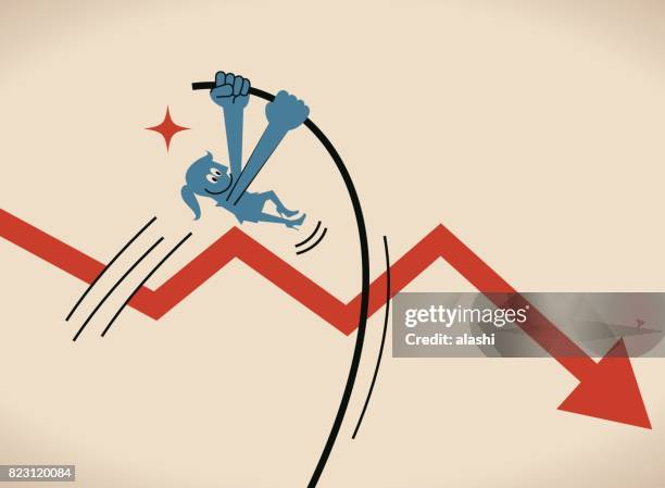 over obstacles, smiling confident businesswoman (woman, girl, athlete) crossing downfall arrow with the pole vault (pole-vaulting, jump, higher goal) - athlete bulges stock illustrations