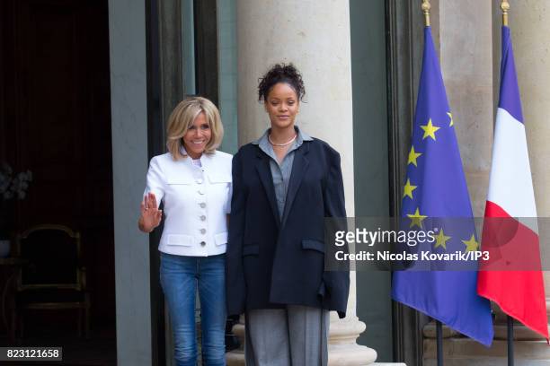 Brigitte Trogneux , Emmanuel Macron's wife, welcomes Rihanna , Singer and Founder of Clara Lionel Foundation, who arrives to meet French President at...