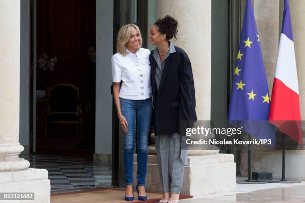 Brigitte Trogneux , Emmanuel Macron's wife, welcomes Rihanna , Singer and Founder of Clara Lionel Foundation, who arrives to meet French President at...