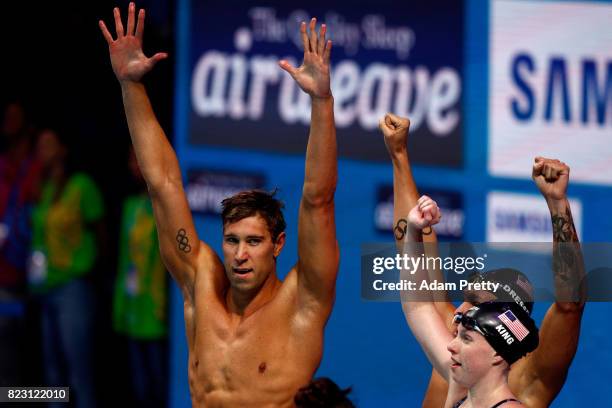 Matt Grevers of The United States celebrates winning the gold medal during the Mixed 4x100m Medley Relay final on day thirteen of the Budapest 2017...