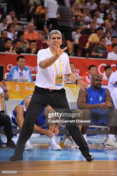 Head Coach Panagiotis Giannakis of Greece coaches against the U.S. Men's Senior National Team during the Men's Preliminary Round basketball game at...