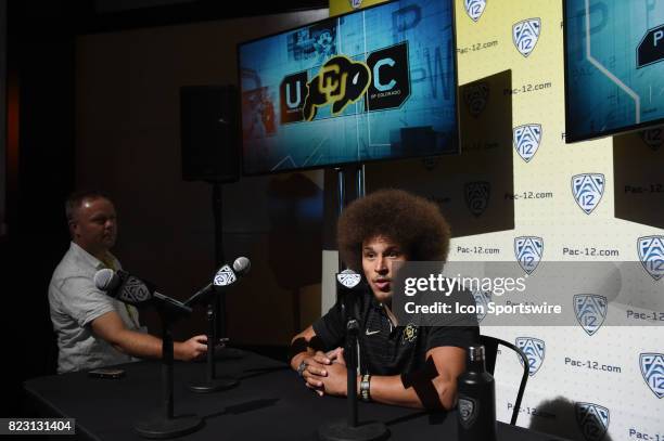 Phillip Lindsay, running back of Colorado, addresses the media during the Pac-12 Football Media Day on July 26, 2017 at Hollywood & Highland in Los...