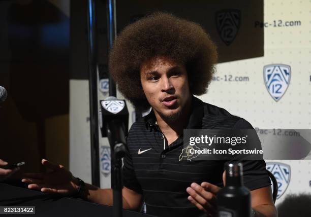 Phillip Lindsay, running back of Colorado, addresses the media during the Pac-12 Football Media Day on July 26, 2017 at Hollywood & Highland in Los...