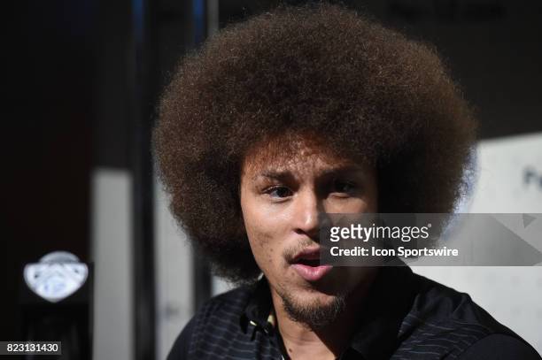 Phillip Lindsay, running back of Colorado, addresses the media during the Pac-12 Football Media Day on July 26, 2017 at Hollywood & Highland in Los...