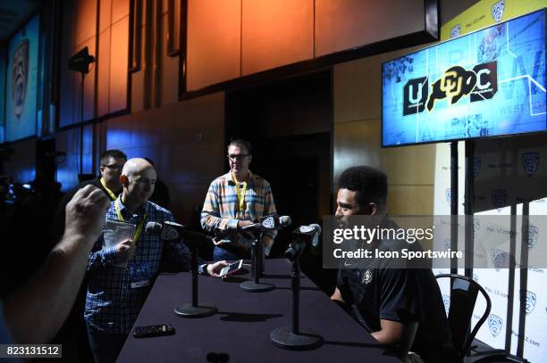 Derek McCartney, linebacker of Colorado, addresses the media during the Pac-12 Football Media Day on July 26, 2017 at Hollywood & Highland in Los...