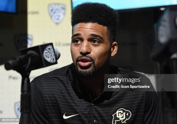 Derek McCartney, linebacker of Colorado, addresses the media during the Pac-12 Football Media Day on July 26, 2017 at Hollywood & Highland in Los...