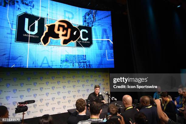 Mike Macintyre, head coach of the Colorado Buffaloes, addresses the media during the Pac-12 Football Media Day on July 26, 2017 at Hollywood &...