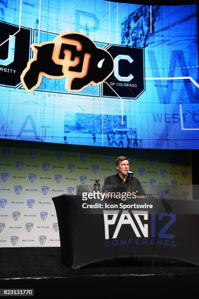 Mike Macintyre, head coach of the Colorado Buffaloes, addresses the media during the Pac-12 Football Media Day on July 26, 2017 at Hollywood &...