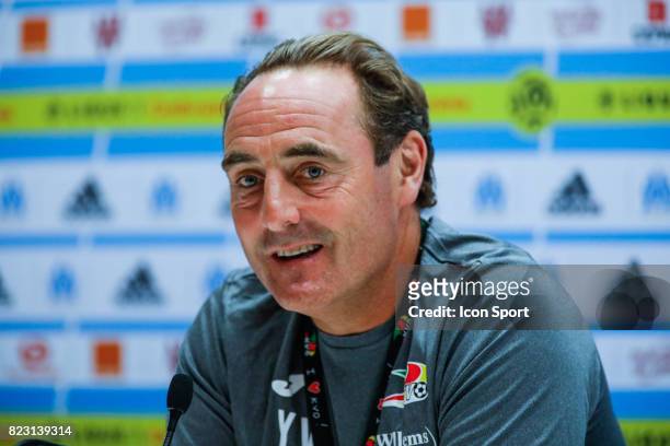 Yves Vanderhaeghe head coach of Ostende during the training session before the UEFA Europa League qualifying match between Marseille and Ostende at...