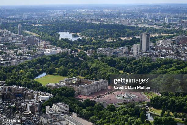 An aerial view of Buckingham Palace on July 12, 2017 in London, England.