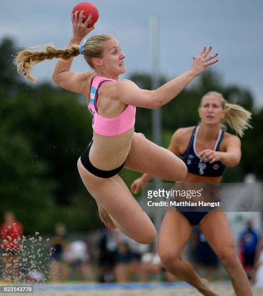 Carolina Rossi of Argentina in action against Marielle Martinsen of Norway during the Beach Handball Women's Group A match between Norway and...