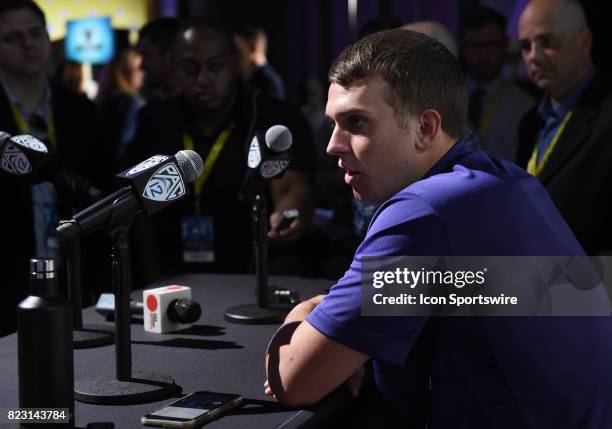 Jake Browning, quarterback of Washington, addresses the media during the Pac-12 Football Media Day on July 26, 2017 at Hollywood & Highland in Los...