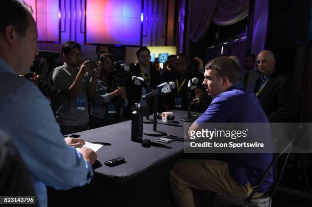Jake Browning, quarterback of Washington, addresses the media during the Pac-12 Football Media Day on July 26, 2017 at Hollywood & Highland in Los...
