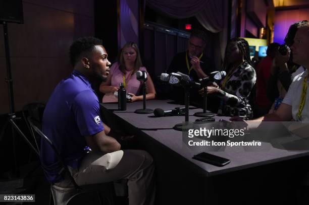 Keishawn Bierria, linebacker of Washington, address the media during the Pac-12 Football Media Day on July 26, 2017 at Hollywood & Highland in Los...
