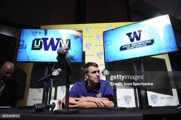 Jake Browning, quarterback of Washington, addresses the media during the Pac-12 Football Media Day on July 26, 2017 at Hollywood & Highland in Los...