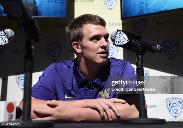 Jake Browning, quarterback of Washington, addresses the media during the Pac-12 Football Media Day on July 26, 2017 at Hollywood & Highland in Los...