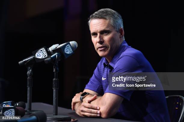 Chris Petersen, head coach of the Washington Huskies, addresses the media during the Pac-12 Football Media Day on July 26, 2017 at Hollywood &...