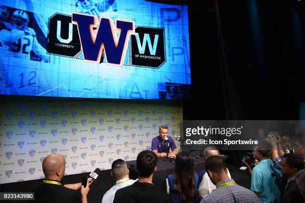 Chris Petersen, head coach of the Washington Huskies, addresses the media during the Pac-12 Football Media Day on July 26, 2017 at Hollywood &...