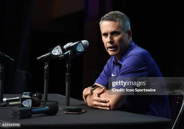 Chris Petersen, head coach of the Washington Huskies, addresses the media during the Pac-12 Football Media Day on July 26, 2017 at Hollywood &...