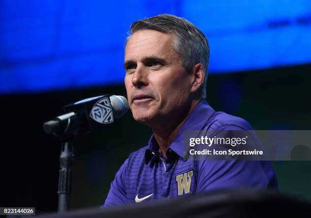 Chris Petersen, head coach of the Washington Huskies, addresses the media during the Pac-12 Football Media Day on July 26, 2017 at Hollywood &...