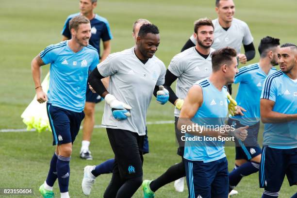 Steve Mandanda of Marseille during the training session before the UEFA Europa League qualifying match between Marseille and Ostende at Stade...