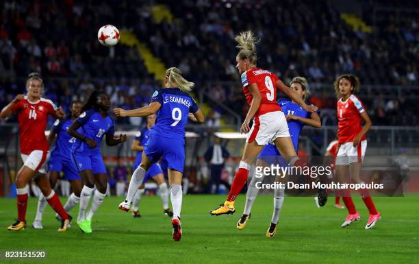 Ana Maria Crnogorcevic of Switzerland heads the opening goal during the Group C match between Switzerland and France during the UEFA Women's Euro...