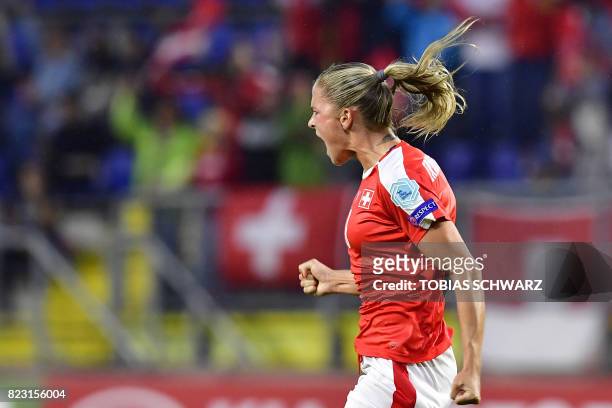 Switzerland's defender Ana-Maria Crnogorcevic celebrates after scoring a goal during the UEFA Women's Euro 2017 football match between Switzerland...