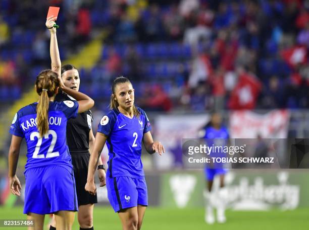 France's defender Eve Perisset is sent off by Hungarian referee Katalin Kulcsar during the UEFA Women's Euro 2017 football match between Switzerland...