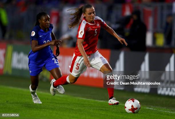 Noelle Maritz of Switzerland and Kadidiatou Diani of France compete for the ball during the Group C match between Switzerland and France during the...
