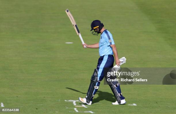 Adam Lyth of Yorkshire out for 0 during the NatWest T20 blast between Yorkshire Vikings and Durham at Headingley on July 26, 2017 in Leeds, England.