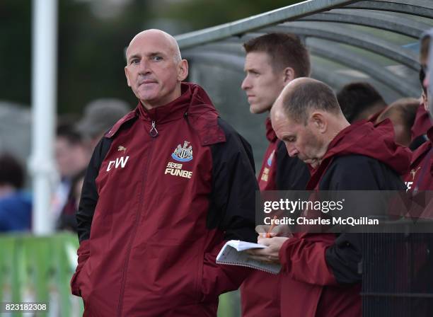 Newcastle United u18 manager Dave Watson watches from the sidelines during the Super Cup NI u18 tournament group game between Newcastle United u18's...