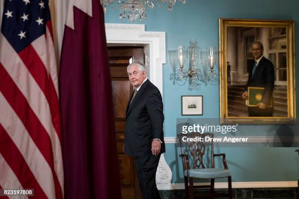 Secretary of State Rex Tillerson exits a brief media availability before his meeting with Qatari Foreign Minister Sheikh Mohammed Bin Abdulrahman Al...
