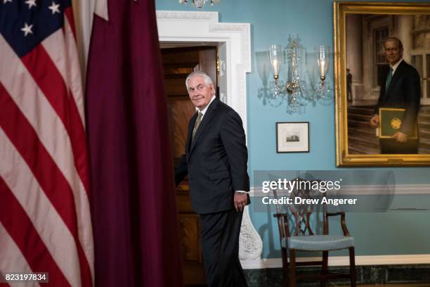 Secretary of State Rex Tillerson exits a brief media availability before his meeting with Qatari Foreign Minister Sheikh Mohammed Bin Abdulrahman Al...