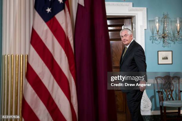 Secretary of State Rex Tillerson exits a brief media availability before his meeting with Qatari Foreign Minister Sheikh Mohammed Bin Abdulrahman Al...