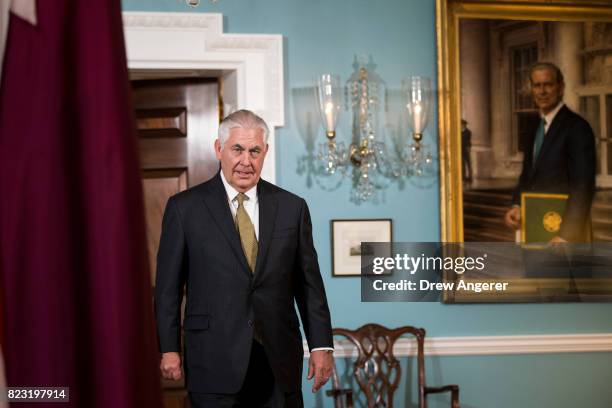 Secretary of State Rex Tillerson exits a brief media availability before his meeting with Qatari Foreign Minister Sheikh Mohammed Bin Abdulrahman Al...