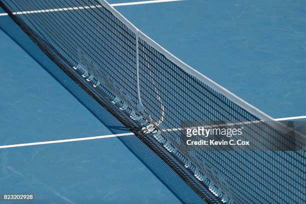 View of the net after a cable malfunction in the match between Quentin Halys of France and Gilles Muller of Luxembourg during the BB&T Atlanta Open...