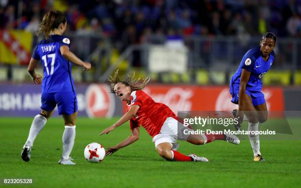 Noelle Maritz of Switzerland and Marie Laure Delie of France compete for the ball during the Group C match between Switzerland and France during the...