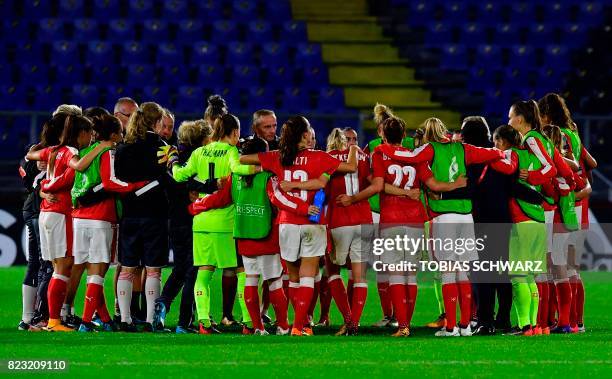 Switzerland's players react at the end of the UEFA Women's Euro 2017 football match between Switzerland and France at the Rat Verlegh Stadium in...