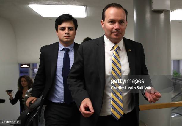Sen. Mike Lee rides an elevator in the U.S. Capitol on July 26, 2017 in Washington, DC. Sen. Lee was one of nine Republican senators to vote against...
