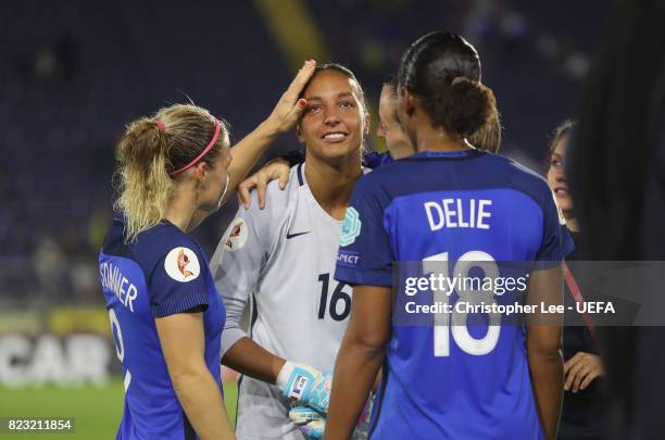 Sarah Bouhaddi of France seems to be consoled by her team mates after the match during the UEFA Women's Euro 2017 Group C match between Switzerland...